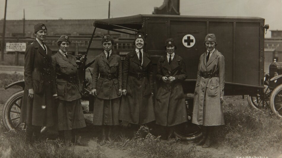 American Red Cross nurses with Model T ambulance