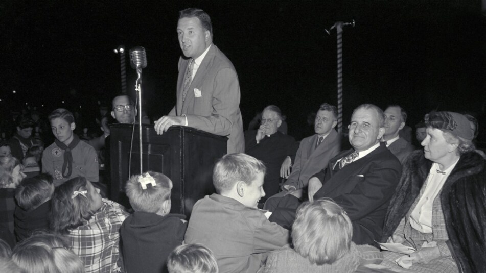 Henry Ford II speaking at United Fund Torch Lighting ceremony in 1951