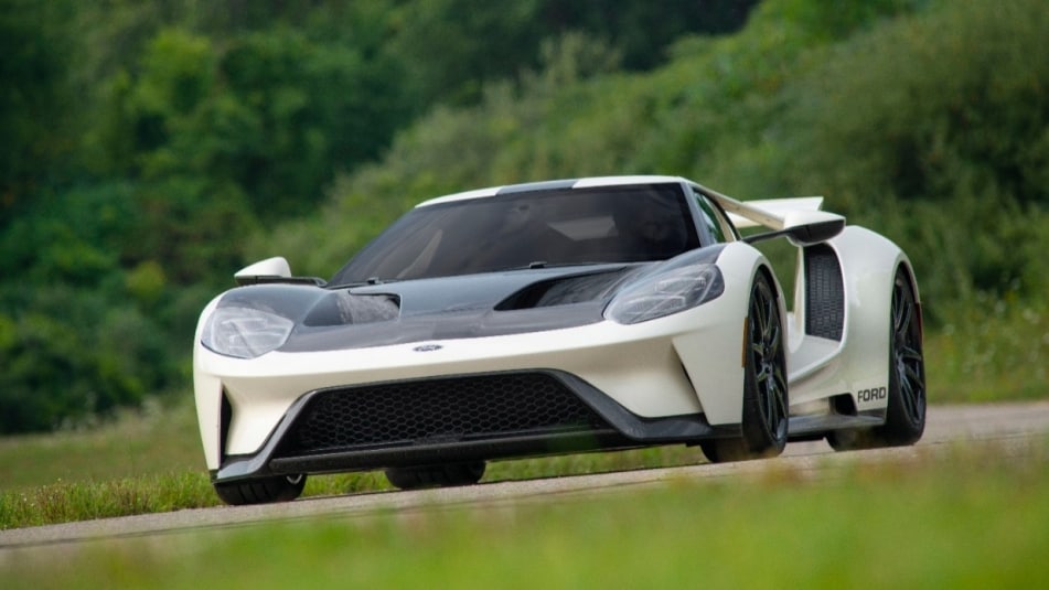 Preproduction 2022 Ford GT Heritage Edition shown.